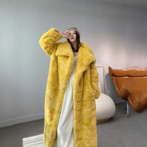 Women Full Length Real Rex Rabbit Fur Big Shawl Collar Chinchilla Coat Overcoat - Picture 1 of 11
