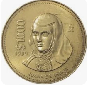 MEXICO $1000 Peso coin, vintage Mexican Peso Juana De Asbaje (1988-1992 type) - Picture 1 of 4