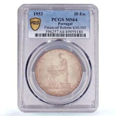 Portugal 20 escudos Financial Renewal Seated Figure MS64 PCGS silver coin 1953 - Image 1 of 4