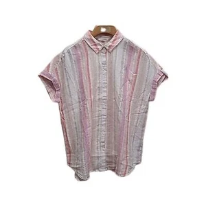 Shirt Womens Linen Blend Pastel & Gold Stripes Beach Lunch Lounge Sz Large - Picture 1 of 6