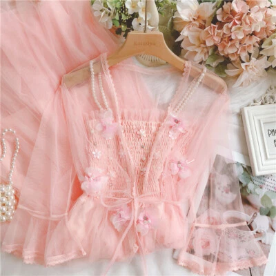 Damen Blume Perlstickerei Kleid Satz Netz Strickjacke Fairy Lace Maxi Süß Retro - Bild 1 von 4