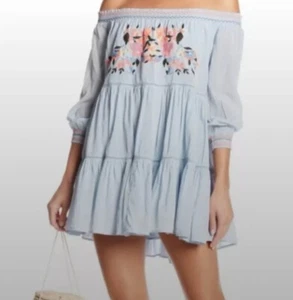 Free People Sunbeam Minikleid blau Stickerei gesmokt schulterfrei 148 $ XS - Bild 1 von 11