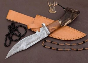 Custom Hand Forged Damascus Steel Hunting Bowie STAG/ANTLER Handle With Sheath - Picture 1 of 3