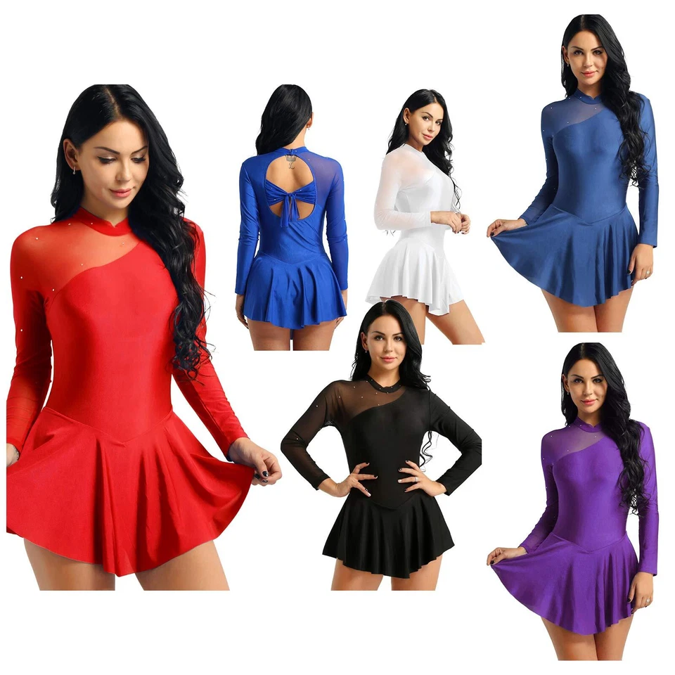 Women Long Sleeve Figure Ice Skating Dress Skater Skirt Ballet Leotard Dancewear