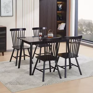 47" Black Solid Wood Dining Table & 4x Windsor Spindle Backrest Dining Chairs - Picture 1 of 10
