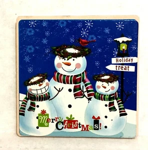 Ceramic Tile  w/ Cork 3 Snowmen at Holly Wreaths Coaster Christmas Holiday Treat - Picture 1 of 4