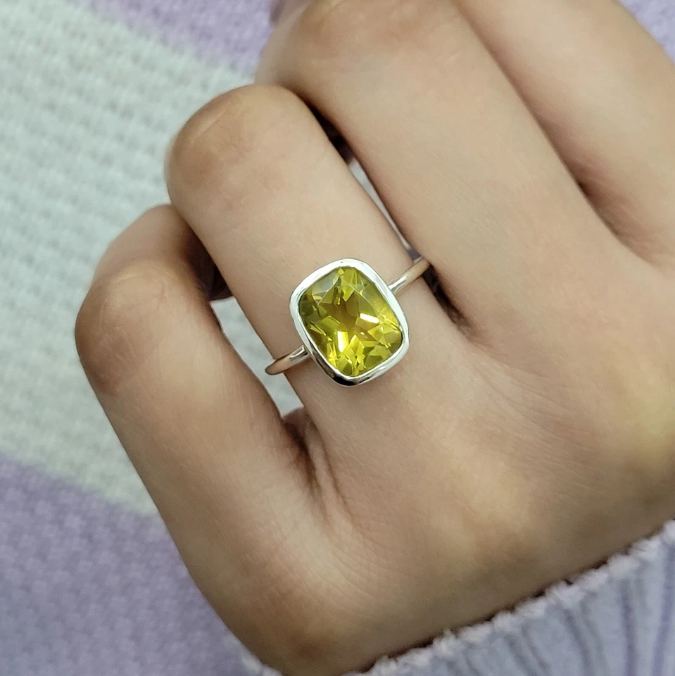 Anillo de cóctel cojín de cuarzo limón plata de ley 925 anillo llamativo para mujer Foto 1 de 4