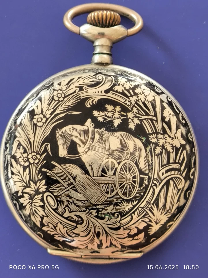 Pocket watcha with a picture of a horse nielloed metal   Antique 52mm  working. - Image 1 of 4
