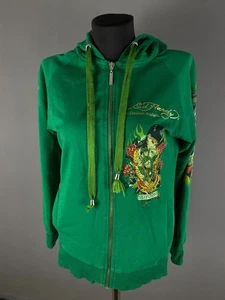 Ed Hardy Womens Hoodie Full Zip California Floral Tattoo Art Green Size L - Picture 1 of 18