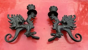 2x Portacandele vintage in ghisa nera drago gotico grifone figure - Foto 1 di 4