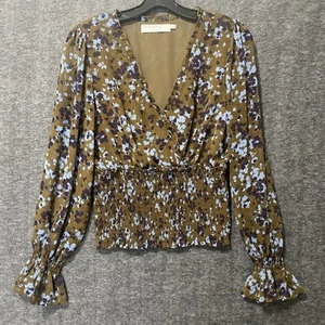 NEW ASTR The Label Top Womens Large Brown Blue Floral Faux Wrap Cropped Smocked - Picture 1 of 10