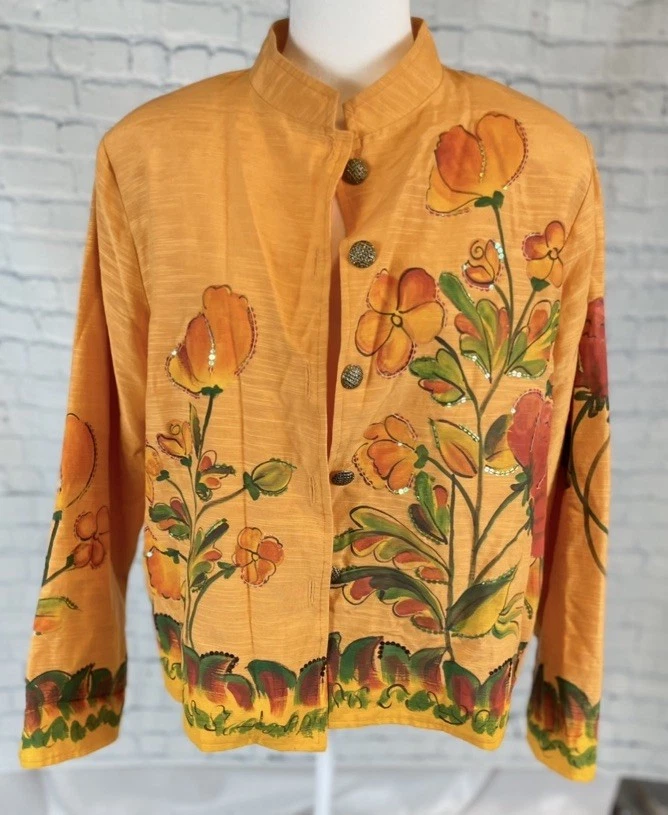 Chaqueta Blazer Alex Kim Vintage Arte Naranja Floral Pintado Mujer Dama Talla 2XL Foto 1 de 4