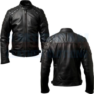 Men’s Black Puffer Biker Jacket Genuine Leather Cafe Racer Style Motorcycle Coat - Picture 1 of 3