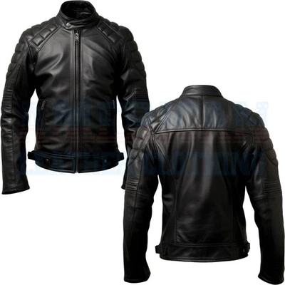Men’s Black Puffer Biker Jacket Genuine Leather Cafe Racer Style Motorcycle Coat - Image 1 of 3
