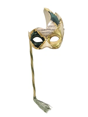 MAR10M, A QUALITY ITALIAN HANDHELD MASK HANDPAINTED BY ARTISANS, GREEN/GOLD. - Image 1 of 2