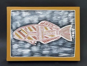 PINTURA ABORIGEN AUSTRALIANA ORIGINAL SOBRE LIENZO GROOTE EYLANDT BARRAMUNDI PEZ - Imagen 1 de 8