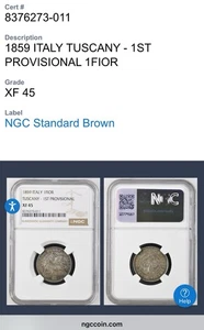 🔥🔥1859 Italy 1 Fiorino Tuscany - 1st Provisional, NGC XF45 - RARE 🔥🔥 - Picture 1 of 1
