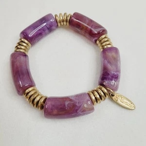 Bracelet extensible élastique perles macaronis acryliques marbrées violettes Pillunder signé - Photo 1/5