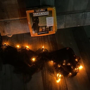 Lighted Halloween Garland Black Gauze 35 Orange lights New 9ft 2012 TESTED WORKS - Picture 1 of 6