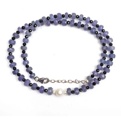 Collar de cuentas de tanzanita y perlas de 16 pulgadas de largo con bloqueo de plata 925 de 6 mm y 2 mm Foto 1 de 3
