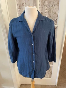 Lauren Ralph Lauren Women's Shirt Button Up L Blue 100% Linen Embroidered Logo - Picture 1 of 9