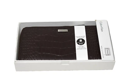 Cartera Calvin Klein Cuero Marrón Cremallera Alrededor RFID NUEVA EN CAJA Foto 1 de 4