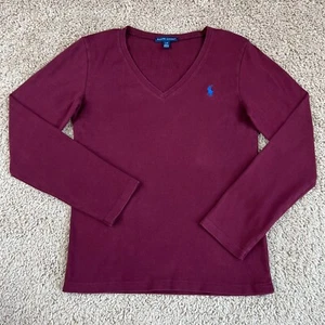 RALPH LAUREN Girls Burgundy Long Sleeve Pony Logo Tee L V Neck Embroidered - Picture 1 of 18