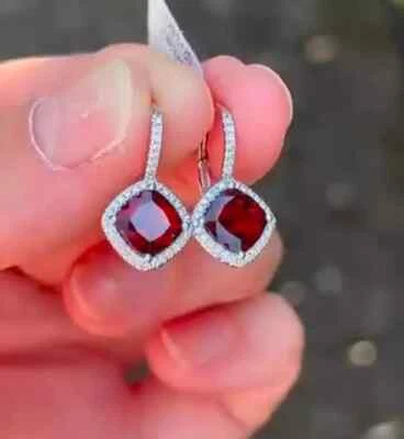 3Ct Cushion Cut Lab Created Red Ruby Drop Dangle Earring 14K White Gold Plated - Image 1 of 4