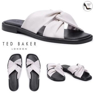 TED BAKER Pebba Twisted-knot White Leather Slide Sandals Flat Mules 39 8.5 - Picture 1 of 24