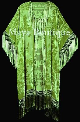 Greenery Green Silk Burnout Velvet Fringe Jacket Kimono Duster Maya Matazaro  - Image 1 of 3