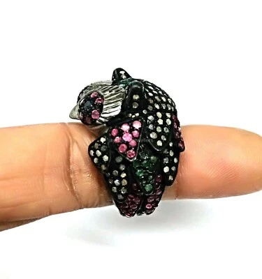 Scheibe Diamant Cocktail Ring,925 Silber Rubin & Smaragd 'Eule' Form Geburtstag - Bild 1 von 4