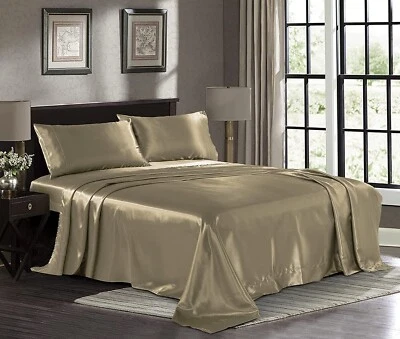 Taupe Full Size Satin Silky Sheet Set With Pillowcase Microfiber Deep Pocket - Image 1 of 4