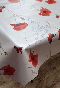 Off White Red Poppy Flowers Silver Grey Butterfly PVC Plastic Vinyl Table cloth - Picture 1 of 11