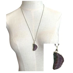 NEW Estrella & Luna Sliced Raw Amethyst Necklace w Silver Electroplate 12" Chain - Picture 1 of 7