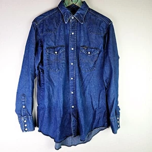 Vtg 90's Wrangler Preshrunk 16 1/2 X 34 Extra Long Tails Pearl Snap Denim Shirt - Picture 1 of 9