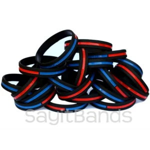 Set of Thin COMBINED Thin Red and Blue Line Police Fire Wristband Bracelet Lot - Picture 1 of 10