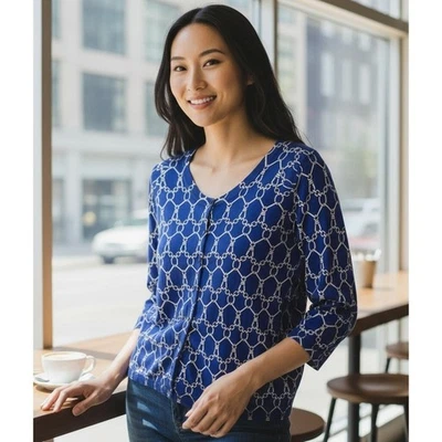 Talbots кардиган свитер женщин XL синий цепочка печать кнопка спереди 3/4 рукав - Изображение 1 из 4