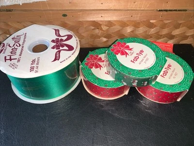Vintage Flora Satin Ribbon Emeral Green Wedding Decor Craft & 3 Fab-tye Lot - Image 1 of 4