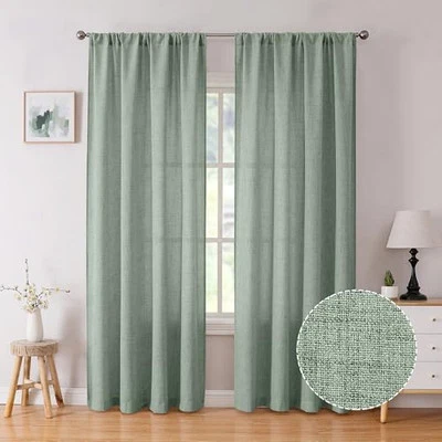  Short Linen Curtains Bedroom Rod Pocket Semi Sheer Curtain Burlap Light  - Image 1 of 4