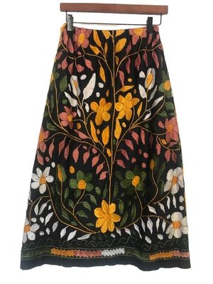 Vintage Floral Hand Embroidered Ankle Skirt | S M 10 12 | Ethnic Folk - Image 1 of 4