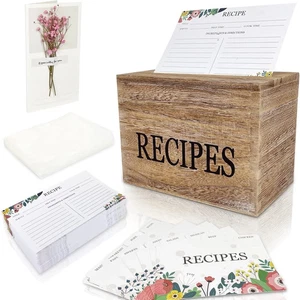 Recipe Box,100 Recipe Cards with Dividers,100 Card Protectors,Rustic Wood Box... - Picture 1 of 6