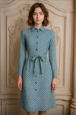 Tory Burch Size 2 Blue Green Silk Long Sleeve Belted Button Up Shirt Dress - Image 1 of 4