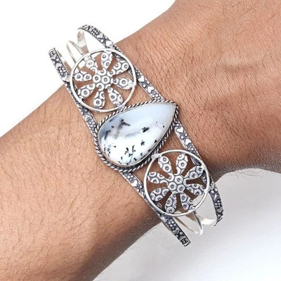 Антикварные ювелирные браслеты-манжеты с дендритным опалом и драгоценными камнями 7 дюймов регулируемые - Изображение 1 из 4