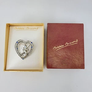 Vintage 90er in Box Bobbie Brooks Katze Brosche Anstecknadel Herz mit Strass & baumelndem Akzent - Bild 1 von 11