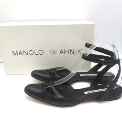 Manolo Blahnik Correa de Tobillo Plana Belfaba Negro Recorte Cuero Talla 36.5 Foto 1 de 4