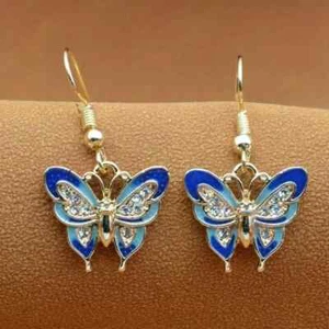 Exquisitos Pendientes Colgantes Esmalte Azul Diseño Mariposa Circón Brillante. - Imagen 1 de 5