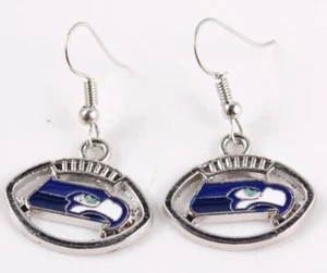 Seattle Seahawks Football Shaped Enamel Silver Alloy Hook Earrings Jewelry Fan - Picture 1 of 1