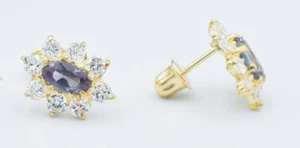 LAB CREATED ALEXANDRITE & WHITE SAPPHIRE STUD EARRINGS 14K GOLD - MADE IN USA - Picture 1 of 3