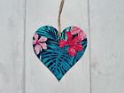 Tropical Wooden Hanging Heart Decoration Plaque Hawaiian Floral Gift Rustic Blue