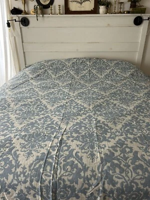 "Funda nórdica Pottery Barn azul damasco Queen ALGODÓN lino 92"" X 88""" Foto 1 de 4